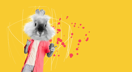 Fluffy cute rabbit head on male body dancing. Creative design on yellow background. Happy Easter. Concept of holidays, spring, celebration, family gathering. Copy space for ad, text. Design for card