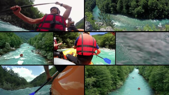 Whitewater Rafting Adventure - Multi Screen Video. Whitewater Rafting Teams Descending Raging Rapids With Paddles Splashing In Water. Aerial Drone Point Of View Of People In Inflatable Rafting Boats.