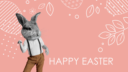 Bunny head on human body in stylish cloth. Creative design on pink background. Happy Easter....
