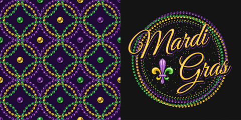 Set of round ornament, seamless geometric pattern for Mardi gras carnival decoration. Fleur de lis, ribbons, string of beads on dark background. For prints, clothing, t shirt, holiday goods, stuff