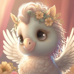 illustration little pegasus penguin with flowers children's style fairy tale Generative AI

