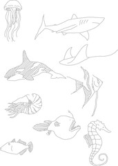 Sea Creatures fish in the water line art
