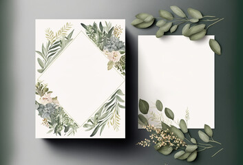 Blank wedding invitation with floral border. Generative ai