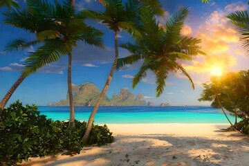Obraz na płótnie Canvas Scenery from paradise beach on a tropical island. sunrise image. Generative AI