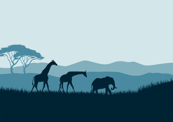 Fototapeta na wymiar African savannah landscape with giraffe and elephant silhouettes vector background illustration