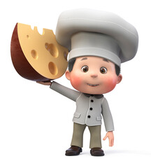 3d illustration a boy cook with a big piece of cheese