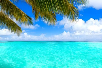 Plakat A Tropical Paradise: White Sandy Beach with Turquoise Waves and Colorful Sky