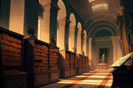 Concept Art Of The Vatican Apostolic Archives' Interior. State Documents Are Kept In A Secret And Forbidden Repository. A Vast Library, Its Interiors, And Wallpaper Are All Digital Illustrations