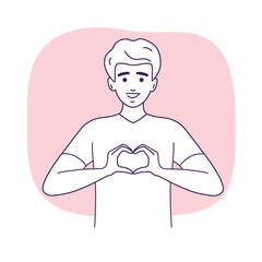 Young man making heart shape with hands. Love and Valentine's day concept. Vector illustration.