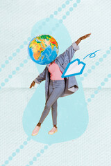 Banner creative collage of funky lady with earth face flying like jet plan global airline concept