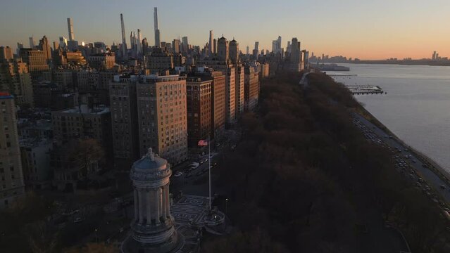 sunset flying south over Riverside Park on the upper west side of NYC