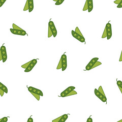 Green pea pods on a white background. Seamless vector simple pea pattern.