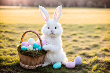 Cute Easter bunny holding a basket of easter eggs