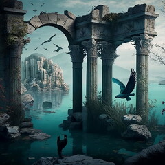 Wall paper. Landscape, the ruins of an ancient Roman civilization with birds of the marine environment, by the sea. Generative AI