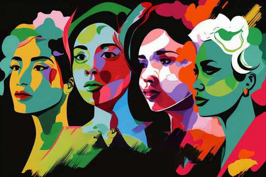 Abstract illustration of Women black, yellow, blown, white skin, confident, serious, colorful, spring mood,    poster for Black History Month, Women’s History Month, generative ai