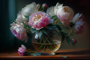 Pink blossoming peonies on table.