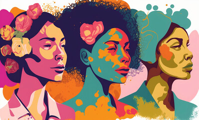 Obraz na płótnie Canvas Abstract illustration of Women black, yellow, blown, white skin, confident, serious, colorful, spring mood, poster for Black History Month, Women’s History Month, generative ai