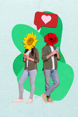 Collage photo of couple headless users sunflower red gerbera together gadgets chatting love...