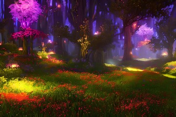 Fairy forest at night. fantasy glowing flowers and lights. Generative AI