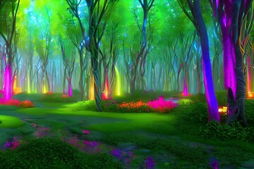 Fantasy of neon forest glowing colorful like fairytale. (Created with technology). Generative AI