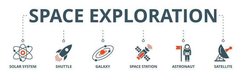 Space exploration banner web icon vector illustration concept with icon of the solar system, shuttle, galaxy, space station, astronaut, satellite © Galuh Sekar
