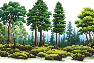 Fototapeta premium Forest trees set. Hand drawn watercolor illustration isolated on white background. Generative AI