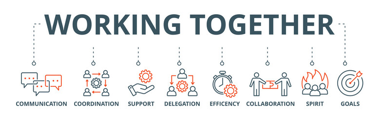 Working together banner web icon vector illustration concept with icon of communication, coordination, support, delegation, efficiency, collaboration, teamwork, spirit, goals