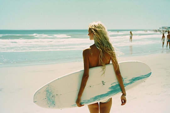 Hermosa mujer rubia en la playa con una tabla de surf. Persona no real, IA generativa
