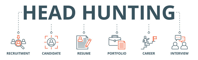 Head hunting banner web icon vector illustration concept with icon of recruitment, candidate, resume, portfolio, career, interview