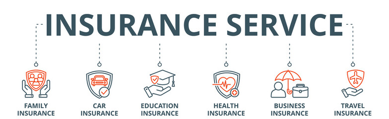 Insurance services banner web icon vector illustration concept with icon of family, car, education, health, business, and travel insurance