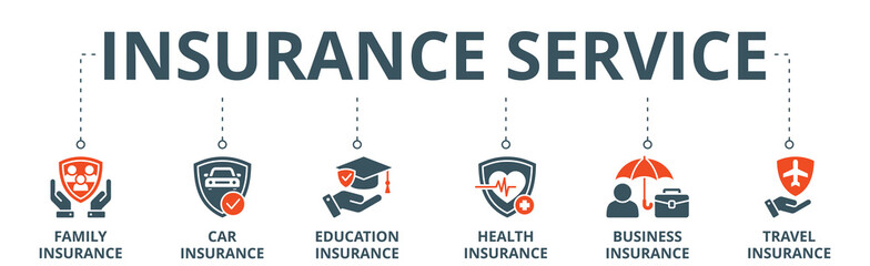 Insurance services banner web icon vector illustration concept with icon of family, car, education, health, business, and travel insurance