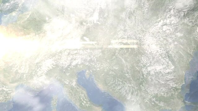 Earth zoom in from outer space to city. Zooming on Weiz, Austria. The animation continues by zoom out through clouds and atmosphere into space. Images from NASA