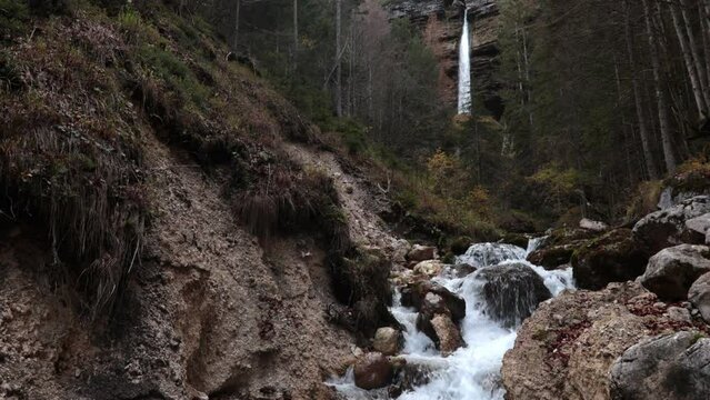 Big Pericnik Waterfall in Vrata Valley Slovenia in Autumn Time from the local Road