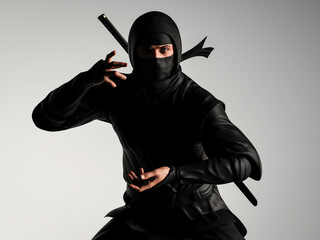 Ninja in battle stance Traditional ninja style. 3D illustration.