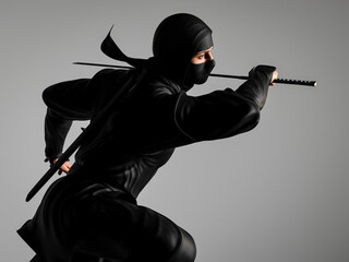 A ninja holding a ninja sword. Traditional ninja style. 3D illustration.