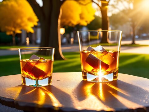 image of a glass of whiskey on a stone table with