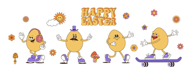 Retro groovy easter eggs. Stickers in trendy retro 60s 70s cartoon style.  Vector illustration in yellow,  red colors. 