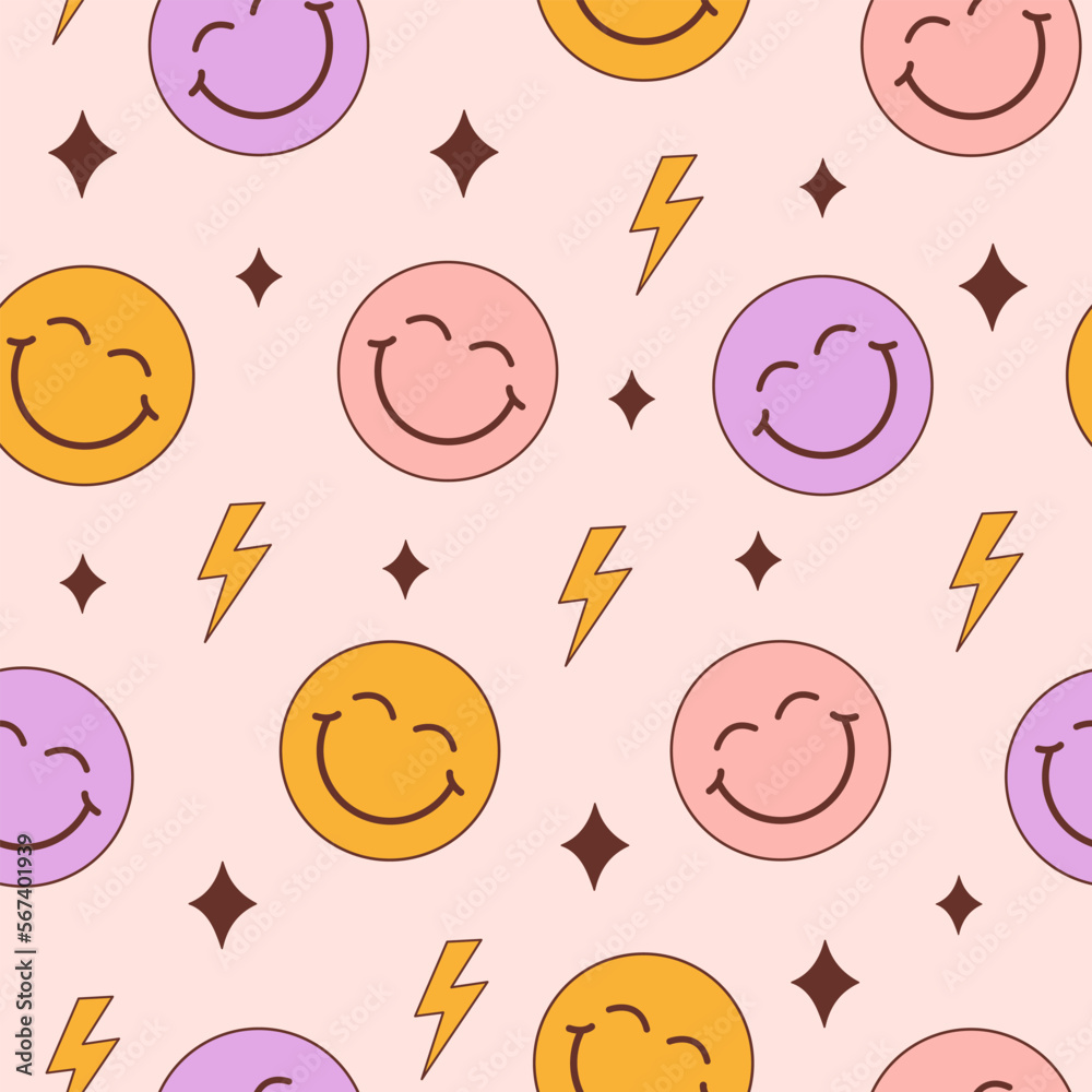 Fototapete Groovy seamless pattern with smiling faces on a pastel background. Abstract colorful print in style 60s, 70s. Trendy vector illustration for kids.
