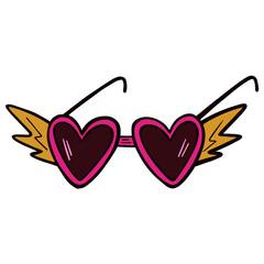 Pink Wings glasses are bright and flamboyant. Heart shaped sunglasses. Retro sunglasses are framed by a frame in the shape of unfolded wings. Stylish accessory. Doodle illustration drawn by hand.  
