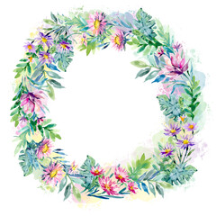A wreath of watercolor flowers on a white background. Round floral text frame. Wedding background wreath of flower buds and leaves