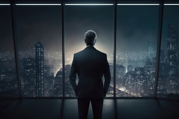 Fototapeta na wymiar a business man stands in front of a huge window on the top floor of a skyscraper and looks at the evening city in lights