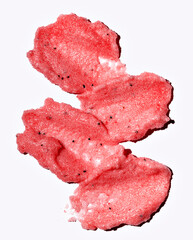 red brush strokes, watermelon strawberry scrub smear, cosmetics skincare texture swatch, body peeling on white