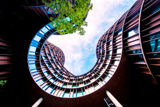 Copenhagen, Denmark &ndash; August, 17: fragment of modern fa&ccedil;ade famous Axel Towers, designed by Lundgaard and Tranberg, opposite to park Tivoli in Copenhagen, Denmark on August 17, 2019.