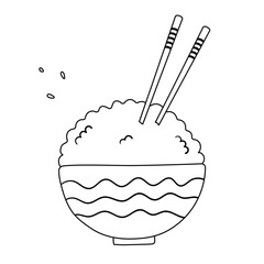 Traditional asian bowl of rice with chopsticks. Doodle flat vector illustration isolated on white background.