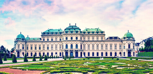 Fototapeta na wymiar VIENNA, June 16, 2021: Beautiful landscape with Belvedere gardens in Vienna, Austria, Europe. Travel to Vienna.