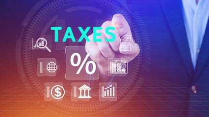 Business using computer to complete Individual income tax return form online for tax payment. Government, state taxes. Data analysis, paperwork, financial research, Calculation tax return.