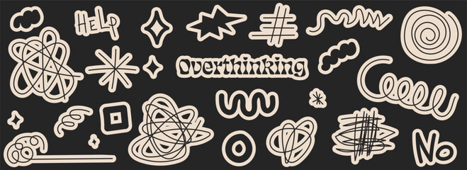 Confused messed up thoughts bubble sticker set. Depressed mental state, brain overthinking everything. Vector illustration with psychedelic elements. Retro style color.