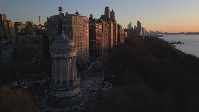 sunset rising over Soldiers and Sailors Monument in Riverside park NYC