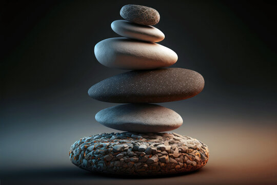 Zen stones, pebbles stack, balance and stability concept. Generative AI