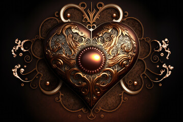 A steampunk style heart shaped metal design with abstract ornaments on a brown background. Created with Generative AI.
